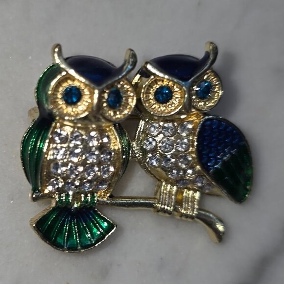 Jewelry - Vintage Double Owl Rhinestone Enamel Brooch Blue Green Gold Tone Pin